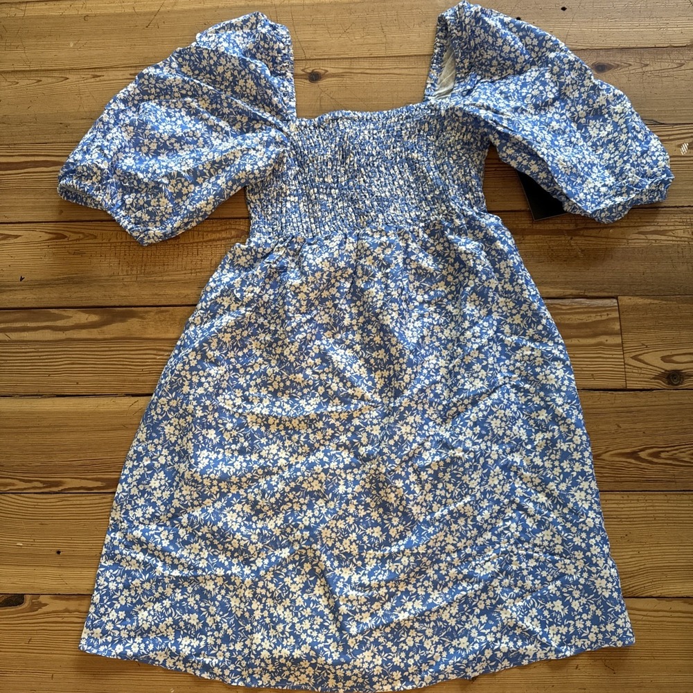 NWT Tuckernuck Blue Cream Smocked Bodice XL Puff Sleeves Super Cute